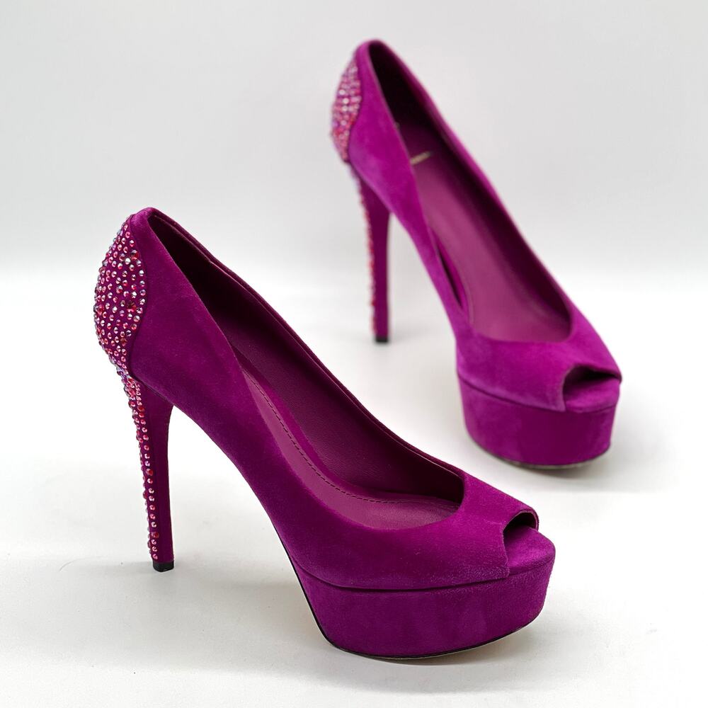 BRIAN ATWOOD Open Toe Jeweled Suede Platform Pump Womens 7.5 Purple Stiletto